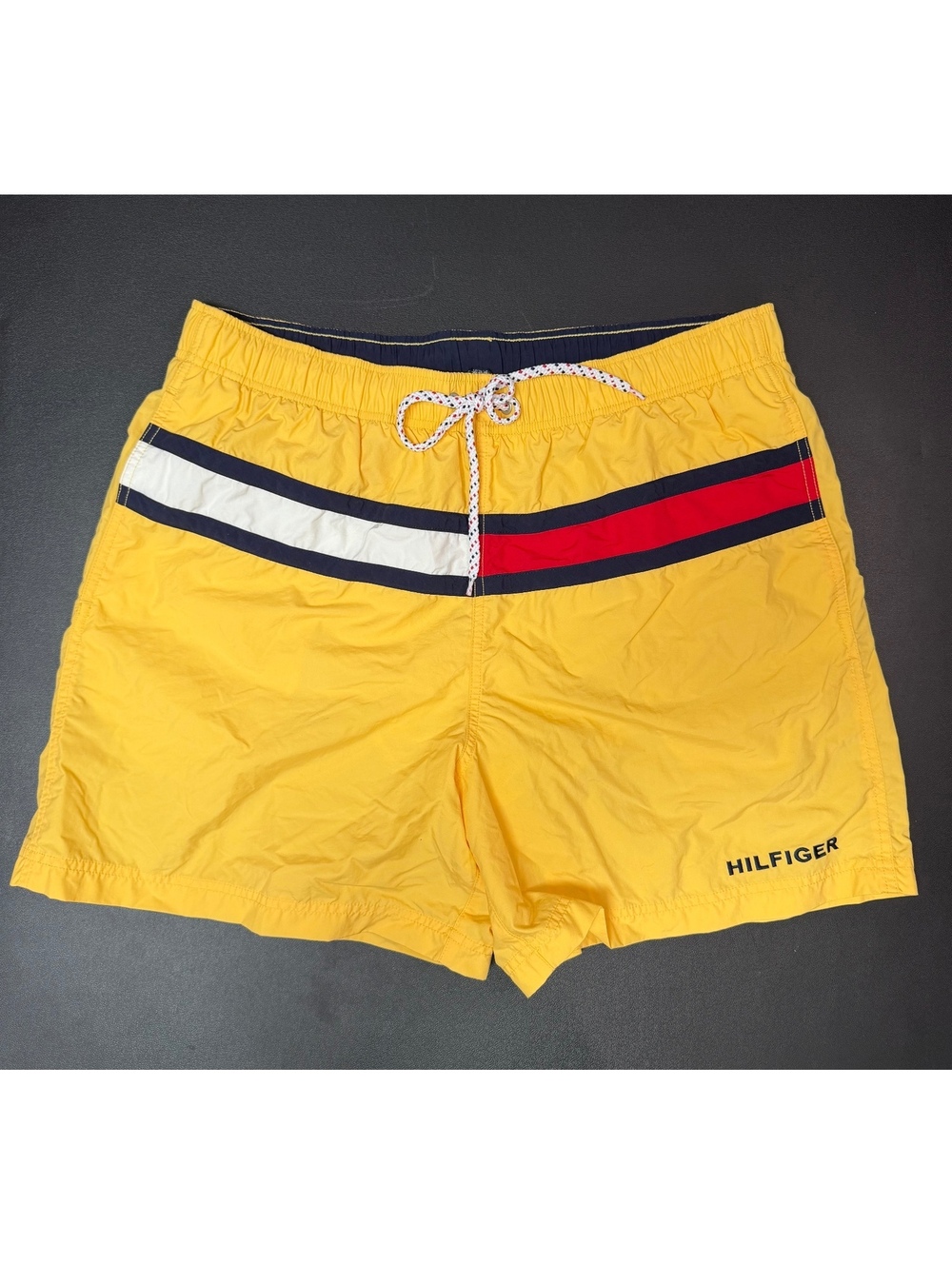 Tommy Hilfiger Men's XL Yellow Swim Trunks with Signature Stripe